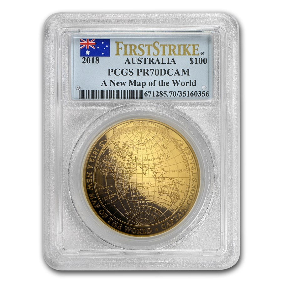 Australia 1 oz $100 Gold A Map of the New World PR 70 PCGS First Strike (2018)