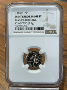 1999 P Roosevelt Dime Reverse Defective Cladding Mint Error MS68 FT NGC