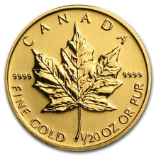 Load image into Gallery viewer, 1/20th oz Canada Gold Maple Leafs BU (Random Dates)
