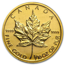 Load image into Gallery viewer, 1/10 oz Canadian Gold Maple Leafs BU (Random Year)
