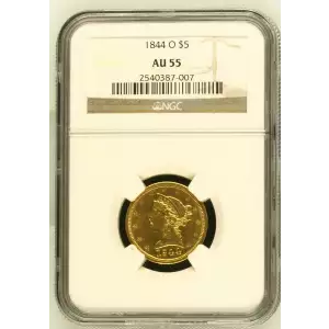 1844 O $5 Gold Half Eagle Liberty Head NGC AU-55 (2)