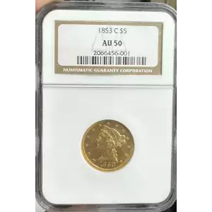 1853 C $5 Gold Half Eagle Liberty Head NGC AU-50