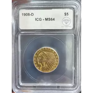 1908 D Gold Half Eagle $5 Indian Head ICG MS-63 IDC Verified