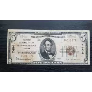 1929 $5 The First National Bank of De Funiak Springs Florida #7404
