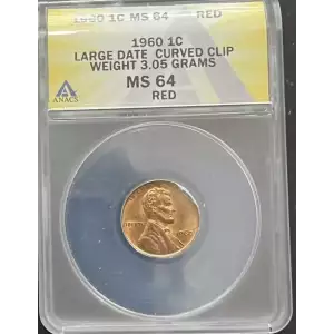 1960 1c Lincoln ANACS Mint Error MS 64 Red