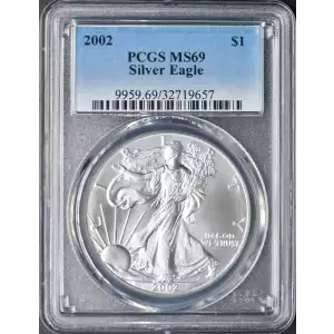 2002 $1 American Silver Eagle 1oz PCGS MS69 (2)