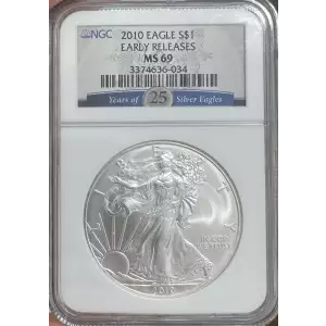 2010 American Silver Eagle NGC MS69 Early Releases 25th Anniversary