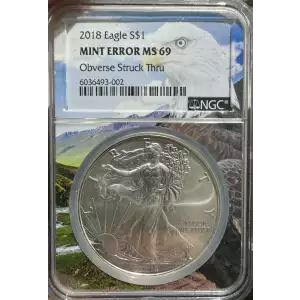 2018 American Silver Eagle Mint Error MS69 Obverse Struck Thru (Eagle Core) (4)