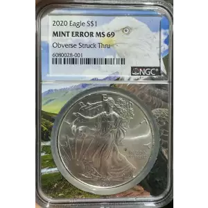 2020 American Silver Eagle Mint Error MS69 Obverse Struck Thru (Eagle Core) (2)