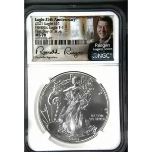 2021 American Silver Eagle NGC MS70 First Day of Issue T-1 Ronald Reagan Signed