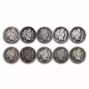 90% Barber Silver Dimes - Circulated