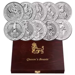 Complete 10 coin set Queen's Beast – 2016-2021 2 oz Silver – in Display Case (2)