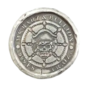 1 oz .999 Fine Silver Hand-Poured Pirate Skull Helm Round MK BARZ (3)