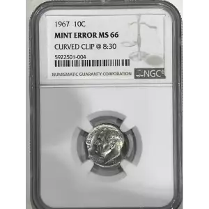 1967 Roosevelt Dime Mint Error Curved Clip MS66 NGC