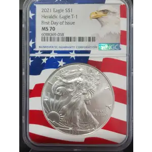 2021 American Silver Eagle NGC FDOI MS70 Heraldic Eagle T-1 American Flag Label