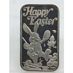 1984 Happy Easter: Bunny Painting Eggs 1 oz Silver Bar VINTAGE (2)