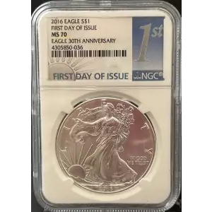 2016 American Silver Eagle $1 NGC MS70 First Day of Issue Eagle 30th Anniv. (2)