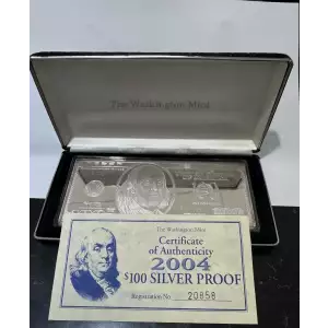 2004 4 oz $100 Franklin Note Silver Bar Proof (Box and COA)