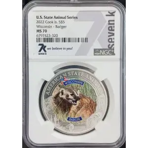 Cook Islands 1 oz Silver S$5 U.S. State Animal Series Wisconsin - Badger