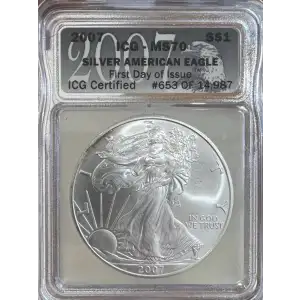 2007 American Silver Eagle ICG MS70 First Day of Issue (Minor Toning) (2)