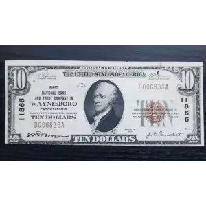 1929 $10 First NB and Trust Company in Waynesboro Pennsylvania #11866