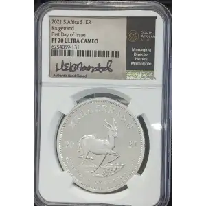 2021 South Africa 1 oz Silver Krugerrand NGC PF70 UC FDOI Honey Mamabolo Signed