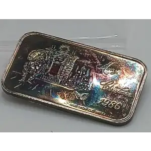1986 Merry Christmas Santa at Chimney 1 oz Silver Bar Crown Mint FULL RAINBOW TONED (3)