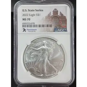 2022 Silver Eagle NGC MS-70 Eagle Landing T-2 Massachusetts U.S. State Series