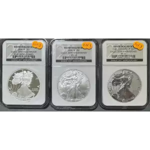 2006 American Silver Eagle 20th Anni 3 Coin Set- W PF69 UC/W MS69/P Reverse PF69 (2)
