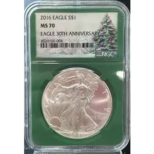 2016 American Silver Eagle NGC MS70 Eagle 30th Aniv. Green Core