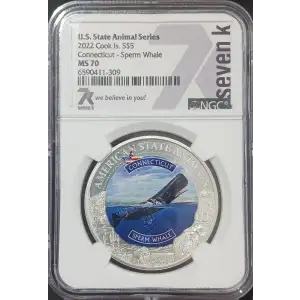 Cook Islands 1 oz Silver S$5 U.S. State Animal Series Connecticut - Sperm Whale